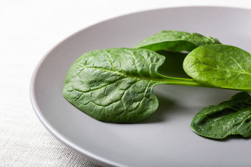 Fresh spinach leaves on a grey plate on linen tablecloth