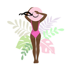 Vector illustration with beautiful silhouette of a girl from the back  in a hat and tropical leaves on a white background