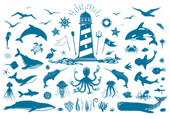 Vector nautical set with lighthouse and sea animals. Whales, dolphins, fish, seagulls, corals and water plants isolated on white. Big set of vector illustrations with marine creatures. Vector EPS 10