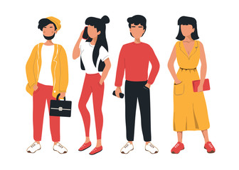 Vector illustration with group of people in stylish clothes on a white background. Business people. Hipsters, office workers