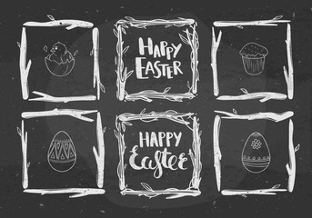 Rustic floral square frames. Vector frames and Ester greetings on a chalkboard. Vector illustration with lettering and doodles.