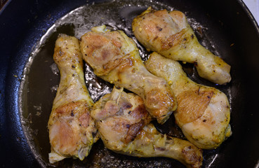 Chicken baked in the oven. Selective focus.