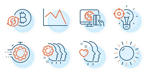 Sun energy, Seo idea and Employees teamwork signs. Line chart, Refresh bitcoin and Seo timer line icons set. Heart, Online shopping symbols. Financial graph, Update cryptocurrency. Vector