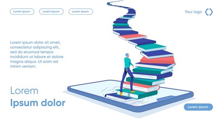 Staircase from Books Rises Smartphone, Man goes up
