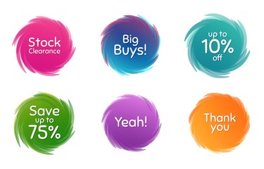 Swirl motion circles. Save 75%, 10% discount and stock clearance. Thank you phrase. Sale shopping text. Twisting bubbles with phrases. Spiral texting boxes. Big buys slogan. Vector