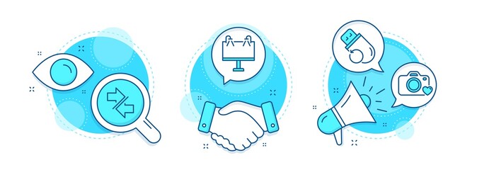 Synchronize, Photo camera and Road banner line icons set. Handshake deal, research and promotion complex icons. Flash memory sign. Communication arrows, Love photos, Advertisement. Vector