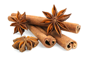 Cinnamon and anise star isolated on white background.