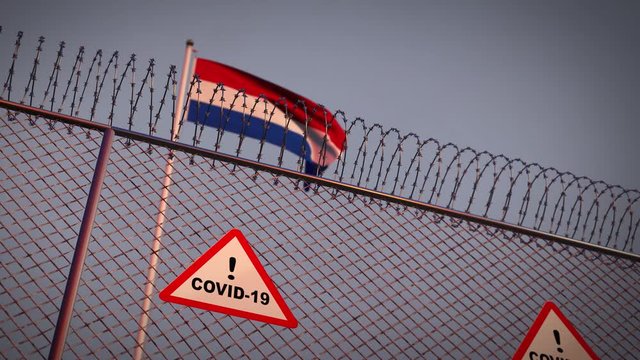 Coronavirus pandemic in The Netherlands with 2019 covid19 cell and flag. Dutch outbreak of sickness and covid 19 death - 3d animation