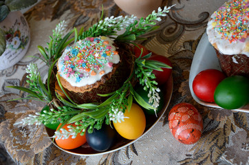  Decorated Easter cake and colored eggs on a plate