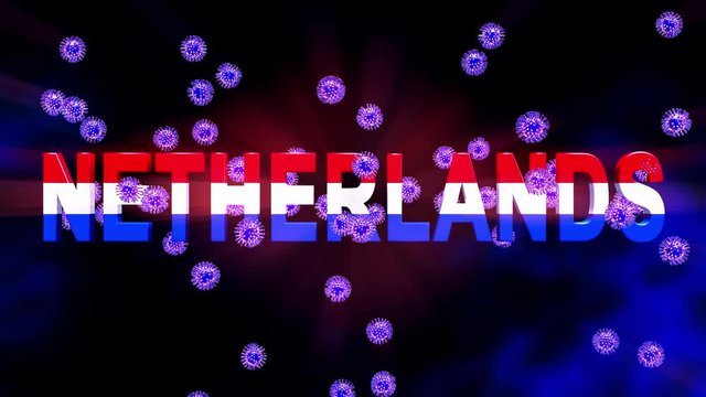 Coronavirus pandemic in The Netherlands with 2019 ncov cell outbreak. Dutch disease of sickness and covid19 death - 3d animation