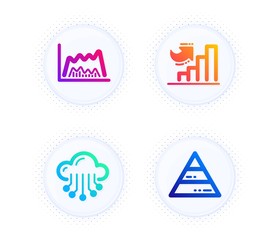 Trade chart, Cloud storage and Growth chart icons simple set. Button with halftone dots. Market data, Data service, Diagram graph. Report analysis. Science set. Gradient flat trade chart icon. Vector