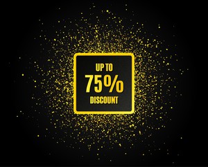 Up to 75% Discount. Golden glitter pattern. Sale offer price sign. Special offer symbol. Save 75 percentages. Black banner with golden sparkles. Discount tag promotion text. Vector