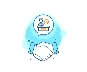 Watch sign. Handshake deal complex icon. Presentation time line icon. Agreement shaking hands banner. Presentation time sign. Vector