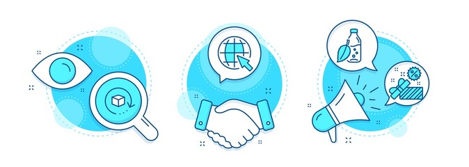 Water bottle, Return package and Internet line icons set. Handshake deal, research and promotion complex icons. Sale sign. Mint leaf drink, Exchange goods, World web. Gift box. Business set. Vector