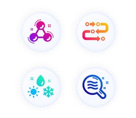 Weather, Chemistry molecule and Methodology icons simple set. Button with halftone dots. Skin condition sign. Climate, Laboratory atom, Development process. Search magnifier. Science set. Vector
