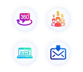 Web analytics, Salary employees and 360 degree icons simple set. Button with halftone dots. Incoming mail sign. Statistics, People earnings, Virtual reality. Download message. Business set. Vector