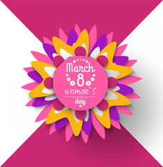 8 March womens day paper cut flower greeting card with Japanese origami. Vector blossom folder in decorative shapes and figures, buds and leaves