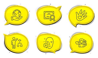 Woman love sign. Diploma certificate, save planet chat bubbles. Social responsibility, Face declined and Algorithm line icons set. Helping hand, Identification error, Developers job. Vector