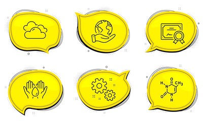 Work sign. Diploma certificate, save planet chat bubbles. Chemical formula, Cloudy weather and Safe water line icons set. Chemistry, Sky climate, Hold drop. Settings. Science set. Vector