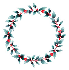 Watercolor holy wreath. Christmas and New Year holy wreath decoration. Holy plant circle frame.