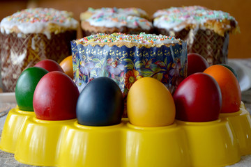  Easter cake and colored eggs on a dish close-up