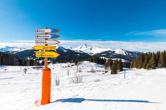 Indication signs on the ski slopes of the resort of Morzine in the French Alps - France