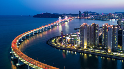 Aerial view Busan Gwangan Daegyo Bridge or Gwangan Bridge skyline and skyscraper building...