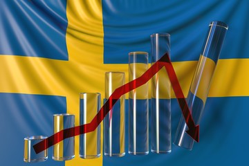 Fototapeta premium Bar chart with downward trend against flag of Sweden. Financial crisis or economic meltdown related conceptual 3D rendering