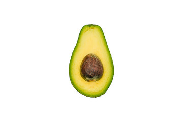 One half avocado isolated on a white background. One slice of avocado with yar. Top view, flat lay.