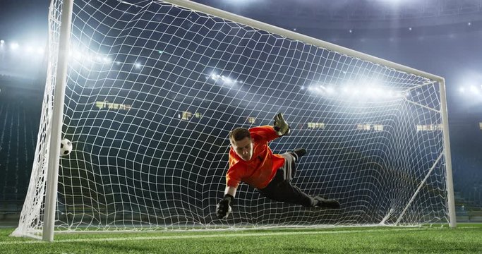 Goalkeeper fails to save from a goal on the empty soccer stadium. No spectators on the tribunes. Stadium is made in 3D.