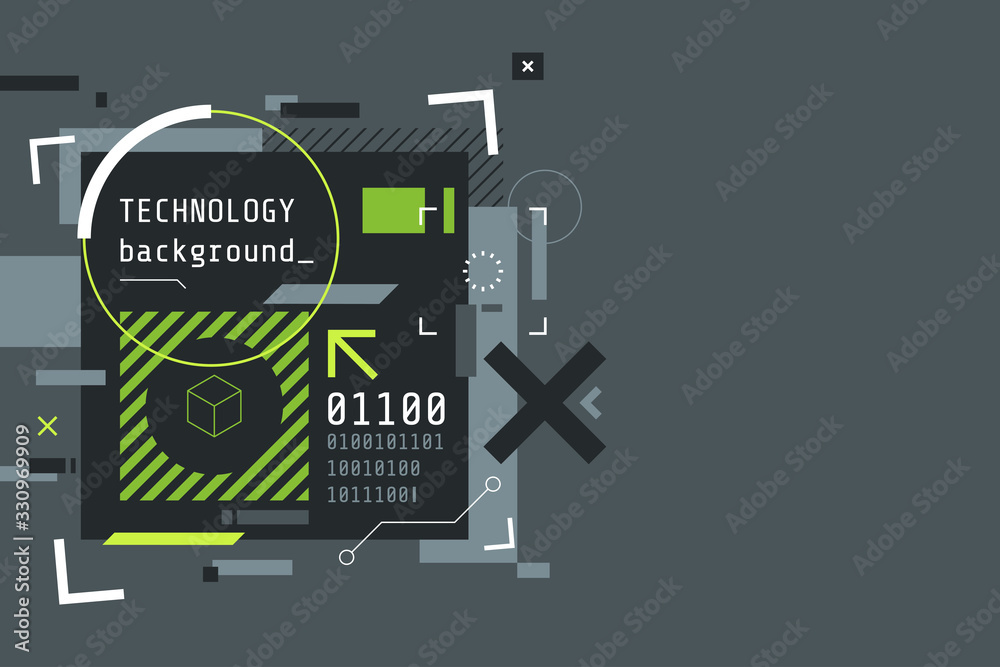 Aufkleber Modern cyberpunk background in grey and green. Abstract high tech banner with place for text. Digital screen in HUD style. Futuristic glitch illustration. Use for t-shirt design,club poster.