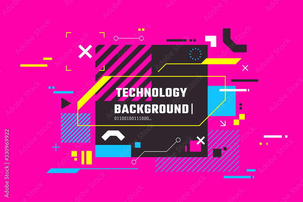 Aufkleber Modern technology colorful background. Abstract high tech banner with place for text. Digital screen with HUD elements. Futuristic glitch illustration. Use for t-shirt design, club poster.