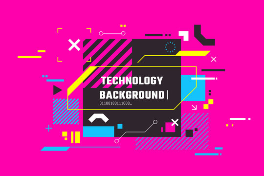 Modern Technology Colorful Background. Abstract High Tech Banner With Place For Text. Digital Screen With HUD Elements. Futuristic Glitch Illustration. Use For T-shirt Design, Club Poster.