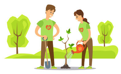 Volunteers planting trees isolated. Vector man with shovel digging ground and woman with watering can waters plant at spring time, cartoon characters