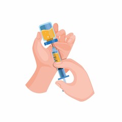 hand holding syringe and vaccine to immune from virus infection in cartoon flat illustration vector isolated in white background