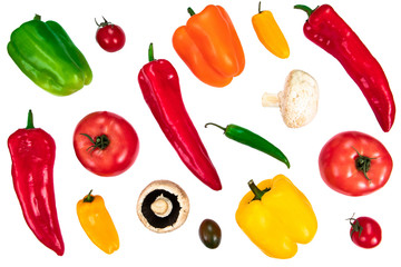 Collection of fresh vegetables isolated on white background. Bio food, top view