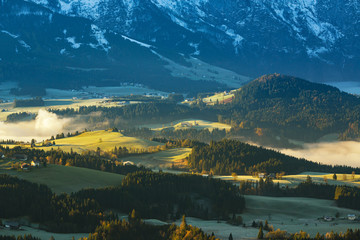 Morning fog in the valley in the Austrian Alps