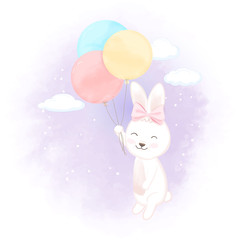 Cute rabbit with balloon hand drawn cartoon illustration