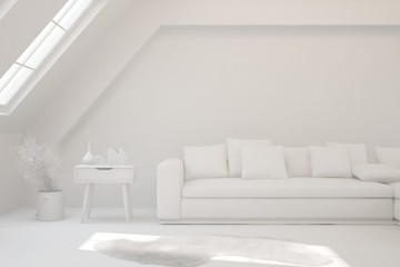 Mock up of minimalist living room in white color with sofa. Scandinavian interior design. 3D illustration