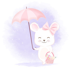 Cute mouse holding umbrella and flower basket hand drawn animal watercolor illustration