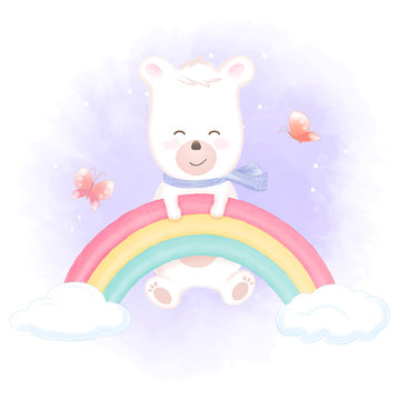 Cute bear hanging on rainbow and butterflies hand drawn animal illustration