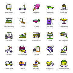 Travel and Transport Flat Outline Icons 