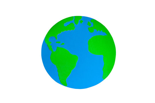 Paper craft Earth globe handmade on white background isolated. Blue oceans, green continents on the planet. Earth day concept. Mocup, copy space, clipart. Ecology global problem,saving the environment