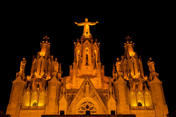 Fragment of the Temple of the Sacred Heart of Jesus at night on Mount Tibidabo. Barcelona, Spain