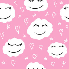 Seamless pattern with smiling clouds on the background of stars and hearts drawn by hand. Doodle print. Children's vector illustration.