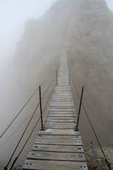 Ponte Cristallo, famous wooden suspension bridge on Monte Cristallo, Dolomites, Italy