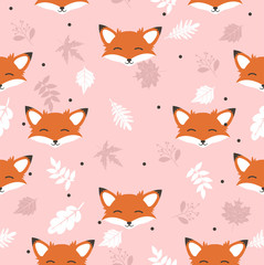 Cute fox with leaves decoration seamless pattern background