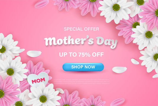 Happy Mother's Day sale on pink background with realistic flowers.