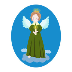 Cute little angel of light at night holding a candle. Vector hand drawn illustration.