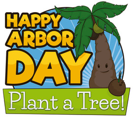 Cute Palm and Coconut Promoting Tree Planting during Arbor Day, Vector Illustration